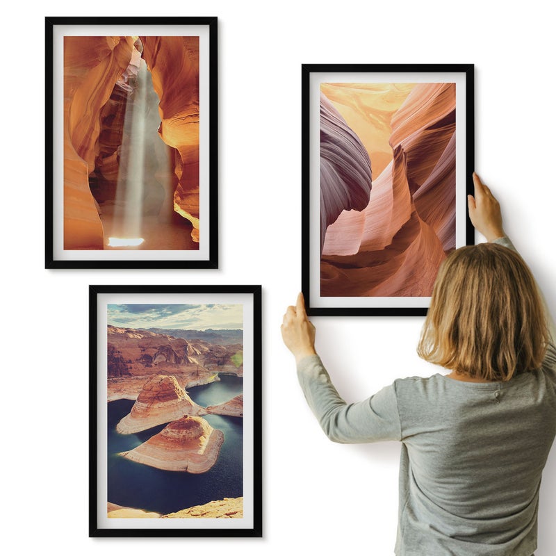 Galeria ścienna 3-częściowy komplet obrazów w czarnych ramach - Wodospad w wąwozie formacje skalne w kanionie - ArtPrintCave