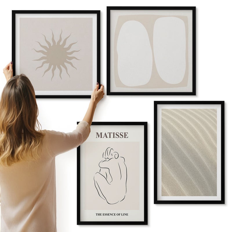 Galeria ścienna 4-częściowy komplet obrazów w czarnych ramach - Minimalistyczne wzory piaskowe fale i słońce Matisse - ArtPrintCave