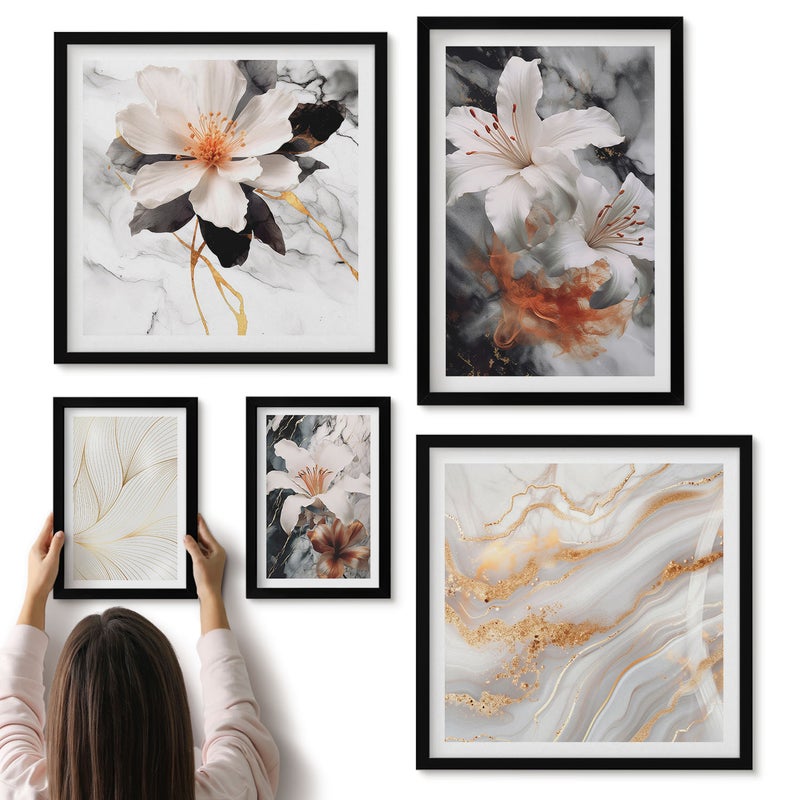 Galeria ścienna 5-częściowy komplet obrazów w czarnych ramach - Kwiatowe motywy na tle marmurowym w eleganckim stylu - ArtPrintCave