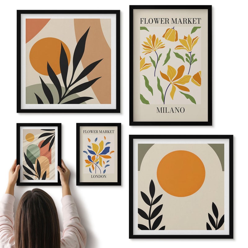 Galeria ścienna 5-częściowy komplet obrazów w czarnych ramach - Kwiatowe motywy i abstrakcyjne kompozycje w stylu boho - ArtPrintCave