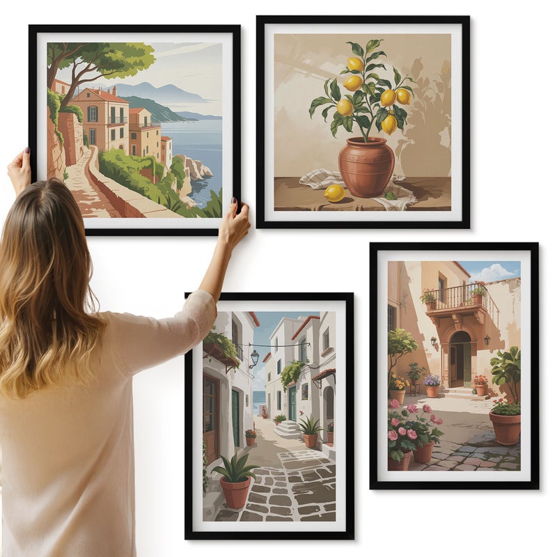 Galeria ścienna 4-częściowy komplet obrazów w czarnych ramach - Malownicze uliczki z domami i roślinami w donicach - ArtPrintCave