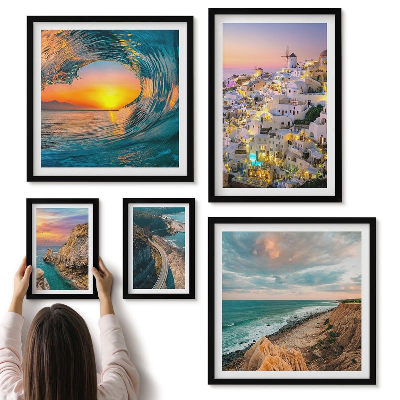 Galeria ścienna 5-częściowy komplet obrazów w czarnych ramach - Krajobrazy nadmorskie z malowniczymi widokami i plażami - ArtPrintCave