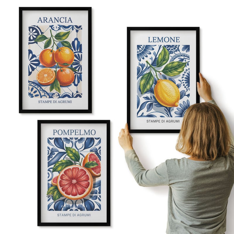 Galeria ścienna 3-częściowy komplet obrazów w czarnych ramach - Cytrusy w stylu włoskim modne postery - ArtPrintCave