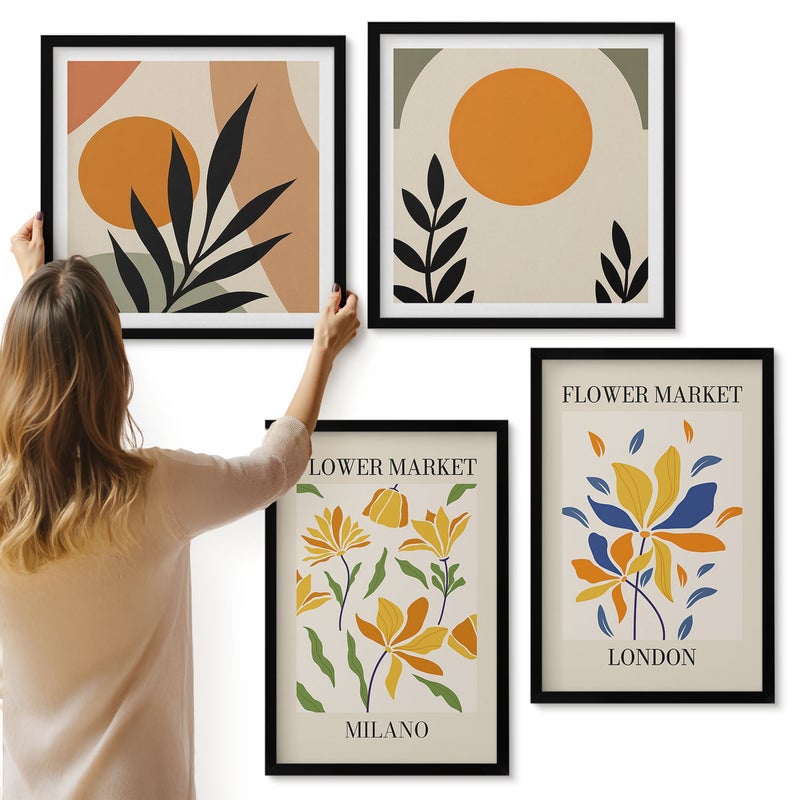 Galeria ścienna 4-częściowy komplet obrazów w czarnych ramach - Kwiatowe postery Paryż Mediolan Londyn - ArtPrintCave