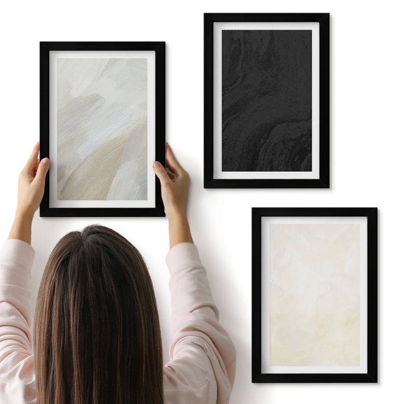 Galeria ścienna 3-częściowy komplet obrazów w czarnych ramach - Struktury w różnych odcieniach minimalizm - ArtPrintCave