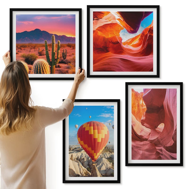 Galeria ścienna 4-częściowy komplet obrazów w czarnych ramach - Krajobrazy pustynnych wąwozów i lot balonem - ArtPrintCave