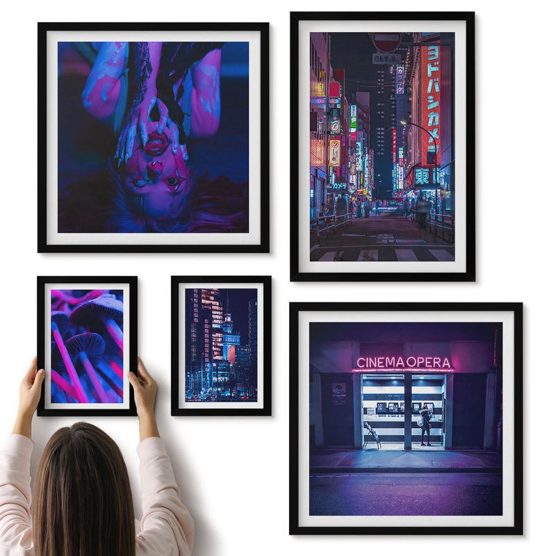 Galeria ścienna 5-częściowy komplet obrazów w czarnych ramach - Neonowe nocne widoki miast z klimatem urbanistycznym - ArtPrintCave