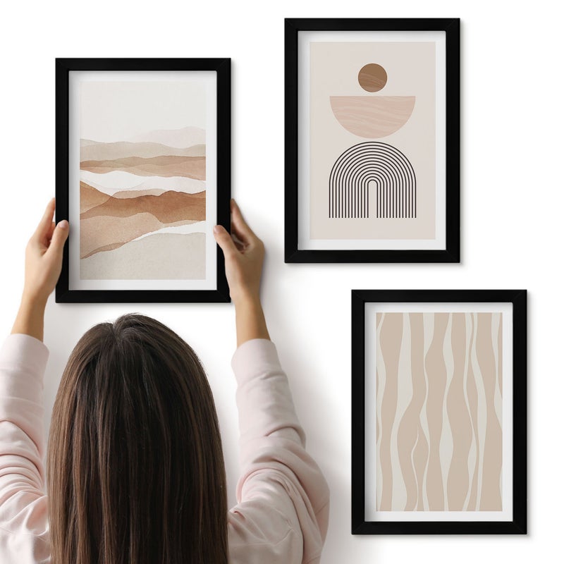 Galeria ścienna 3-częściowy komplet obrazów w czarnych ramach - Abstrakcyjny pejzaż kształty natury i geometria - ArtPrintCave