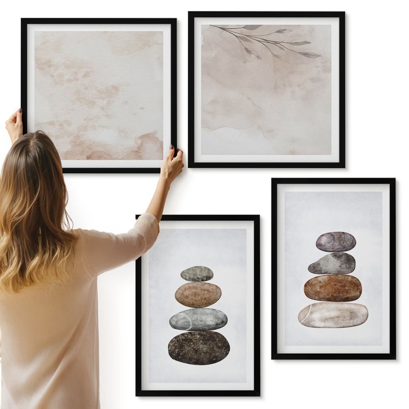 Galeria ścienna 4-częściowy komplet obrazów w czarnych ramach - Stosy kamieni minimalistyczne malarstwo boho - ArtPrintCave