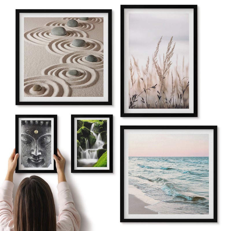 Galeria ścienna 5-częściowy komplet obrazów w czarnych ramach - Relaksująca natura spokój wody i harmonii zen - ArtPrintCave