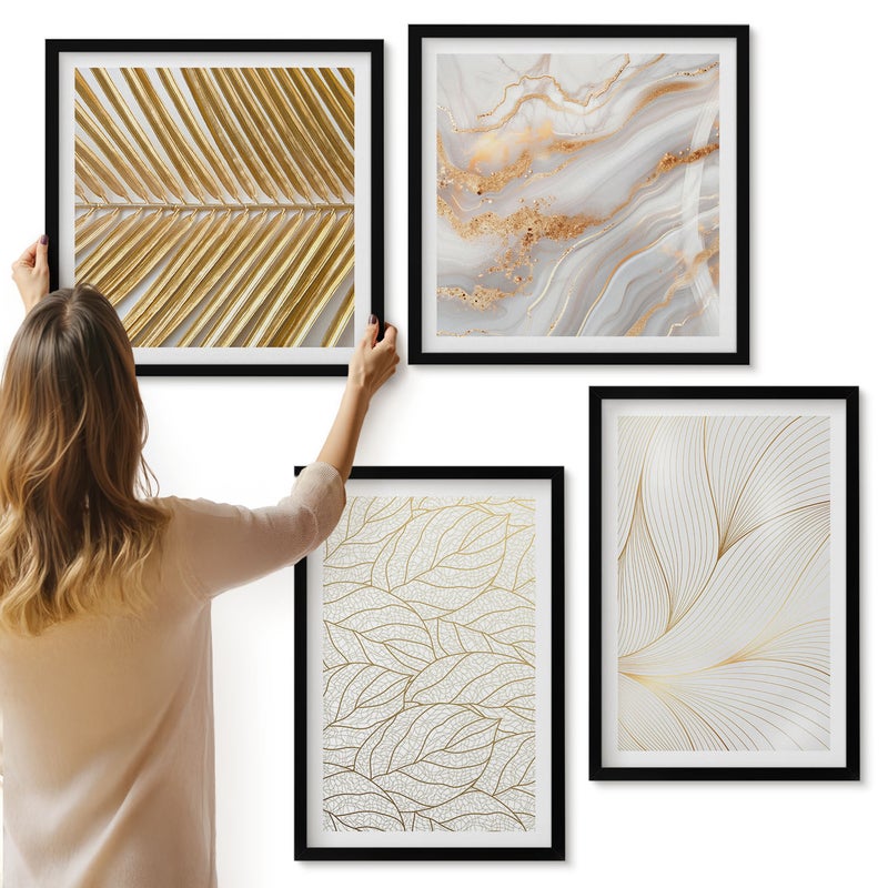 Galeria ścienna 4-częściowy komplet obrazów w czarnych ramach - Linearne wzory liści abstrakcyjny marmur - ArtPrintCave