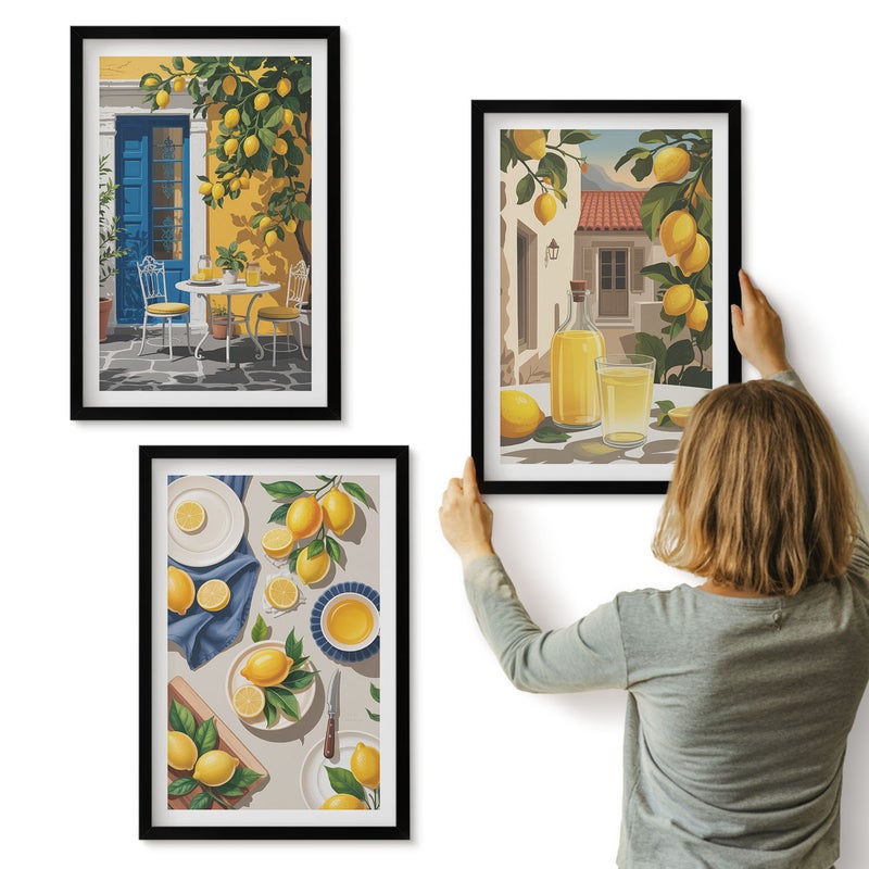 Galeria ścienna 3-częściowy komplet obrazów w czarnych ramach - Cytrynowy ogród z cytrynami i napojami na stole - ArtPrintCave