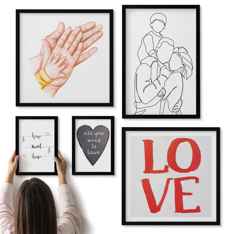 Galeria ścienna 5-częściowy komplet obrazów w czarnych ramach - Rodzina miłość ciepło domowe chwile szczęścia - ArtPrintCave