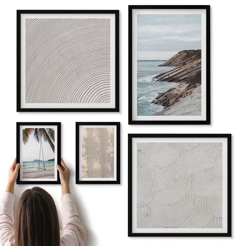 Galeria ścienna 5-częściowy komplet obrazów w czarnych ramach - Letni piasek i nadmorskie widoki letnie krajobrazy - ArtPrintCave