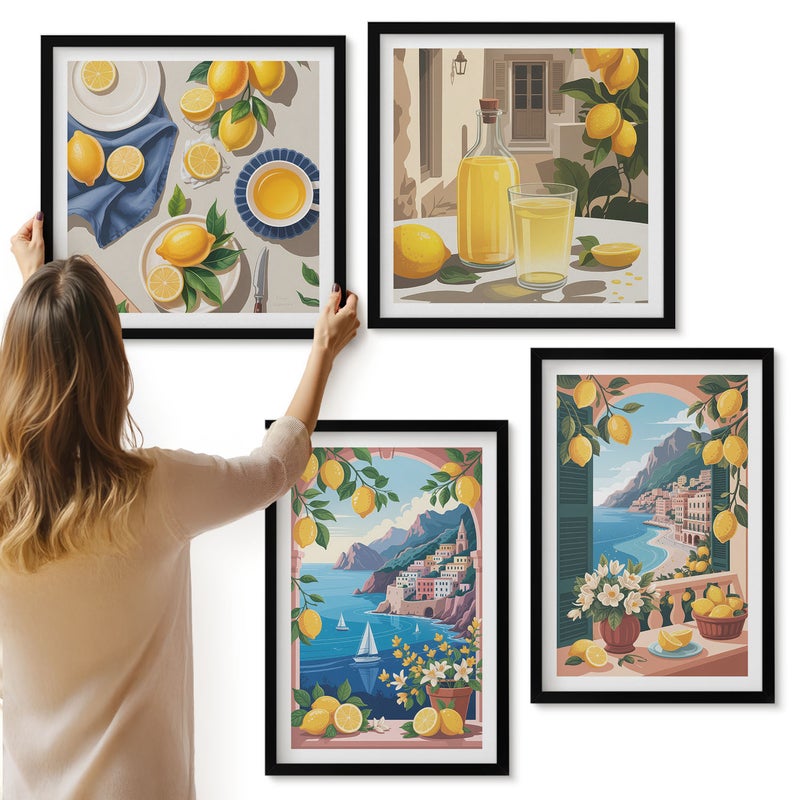 Galeria ścienna 4-częściowy komplet obrazów w czarnych ramach - Widok na morze okna z włoskimi cytrynami - ArtPrintCave