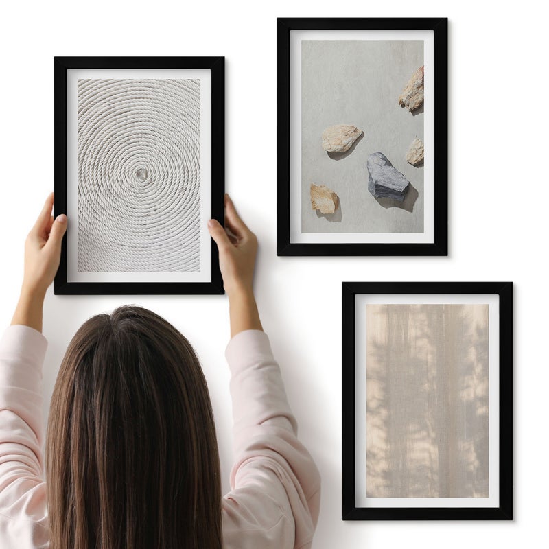 Galeria ścienna 3-częściowy komplet obrazów w czarnych ramach - Boho tekstury naturalne struktury - ArtPrintCave
