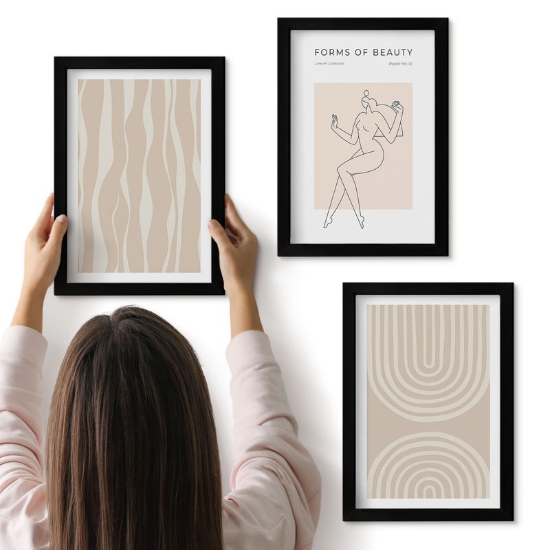 Galeria ścienna 3-częściowy komplet obrazów w czarnych ramach - Abstrakcyjne wzory delikatne boho dekoracje - ArtPrintCave