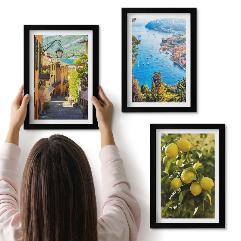Galeria ścienna 3-częściowy komplet obrazów w czarnych ramach - Malownicze uliczki nadmorskie widok na morze i cytryny - ArtPrintCave