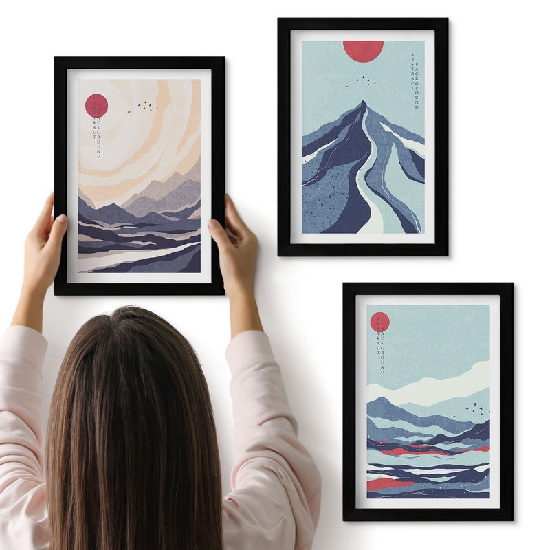 Galeria ścienna 3-częściowy komplet obrazów w czarnych ramach - Abstrakcyjne krajobrazy górskie styl japoński - ArtPrintCave