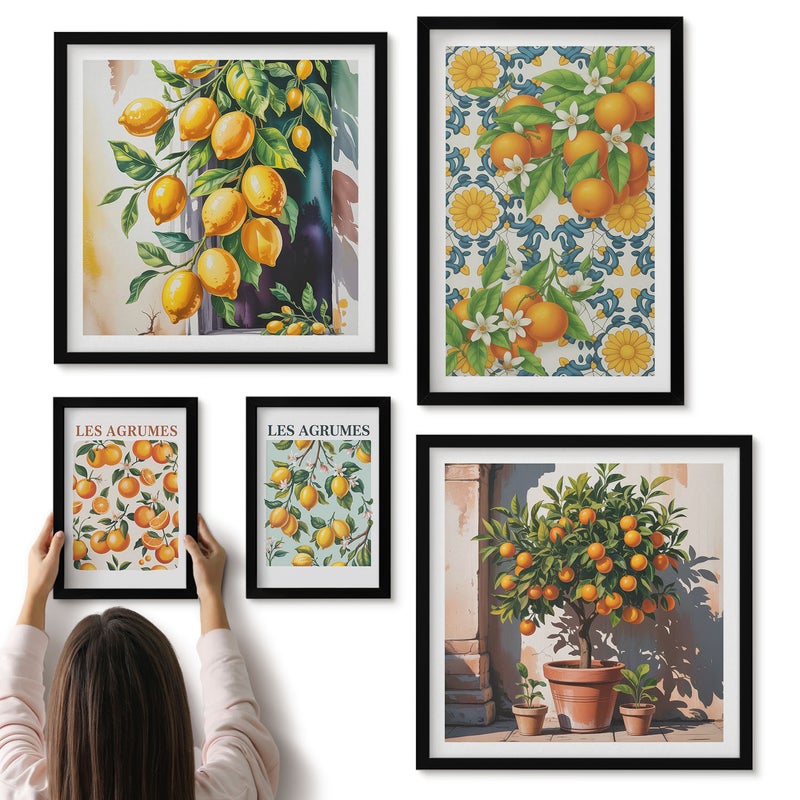 Galeria ścienna 5-częściowy komplet obrazów w czarnych ramach - Cytrusowe inspiracje z owocami i kwiatami w stylu vintage - ArtPrintCave