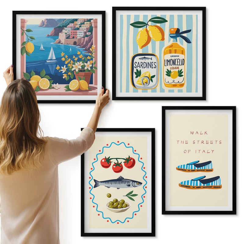 Galeria ścienna 4-częściowy komplet obrazów w czarnych ramach - Włoskie smaki i styl życia w kolorowych obrazach - ArtPrintCave