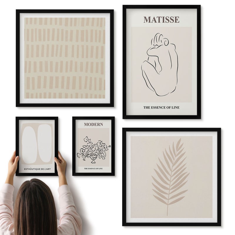 Galeria ścienna 5-częściowy komplet obrazów w czarnych ramach - Styl minimalistyczny linie i kształty w nowoczesnym wydaniu - ArtPrintCave
