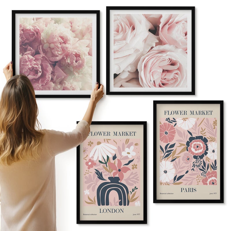 Galeria ścienna 4-częściowy komplet obrazów w czarnych ramach - Kwiatowe motywy róże piwonie Londyn Paryż - ArtPrintCave