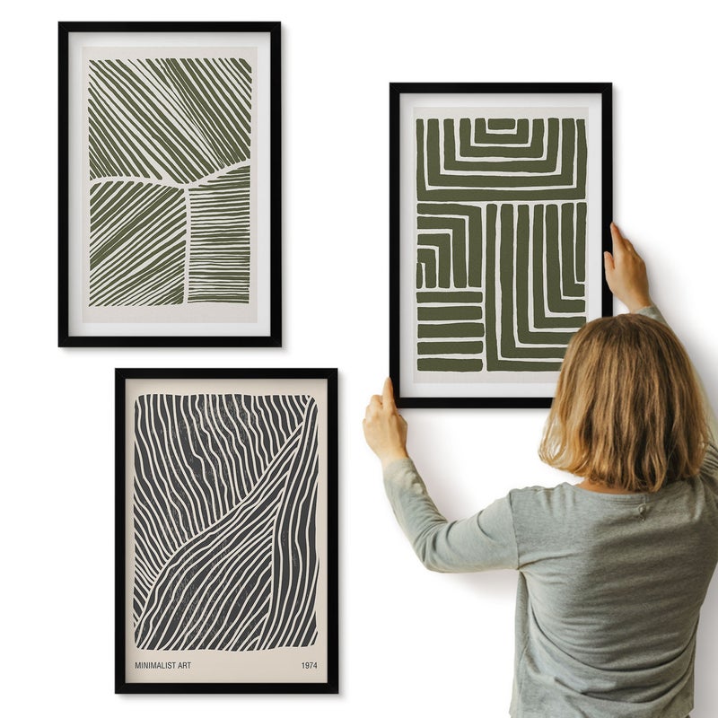 Galeria ścienna 3-częściowy komplet obrazów w czarnych ramach - Wzory linii i kształtów w odcieniach zieleni - ArtPrintCave