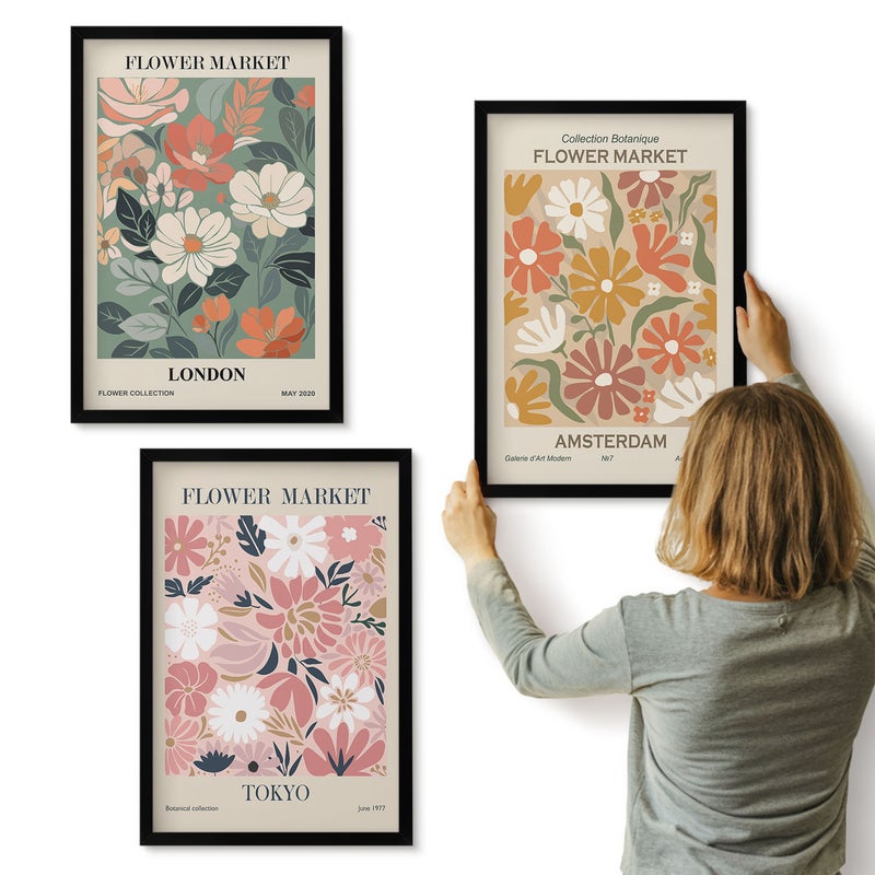 Galeria ścienna 3-częściowy komplet obrazów w czarnych ramach - Kwiatowe wzory Londyn Tokio i Amsterdam postery - ArtPrintCave