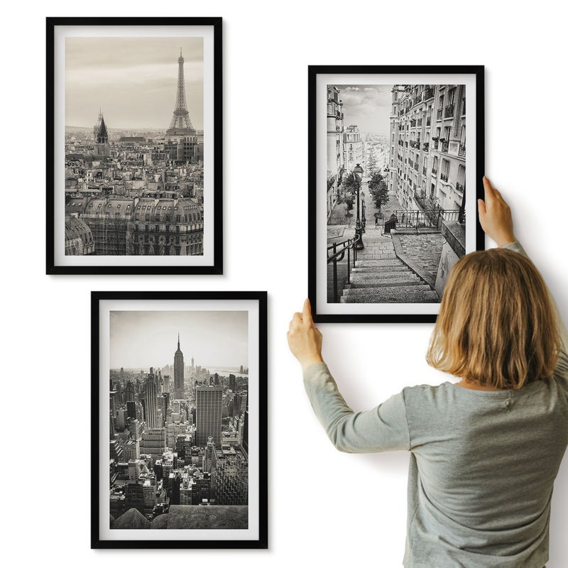 Galeria ścienna 3-częściowy komplet obrazów w czarnych ramach - Widoki miast Paryż Nowy Jork i urokliwe schody - ArtPrintCave