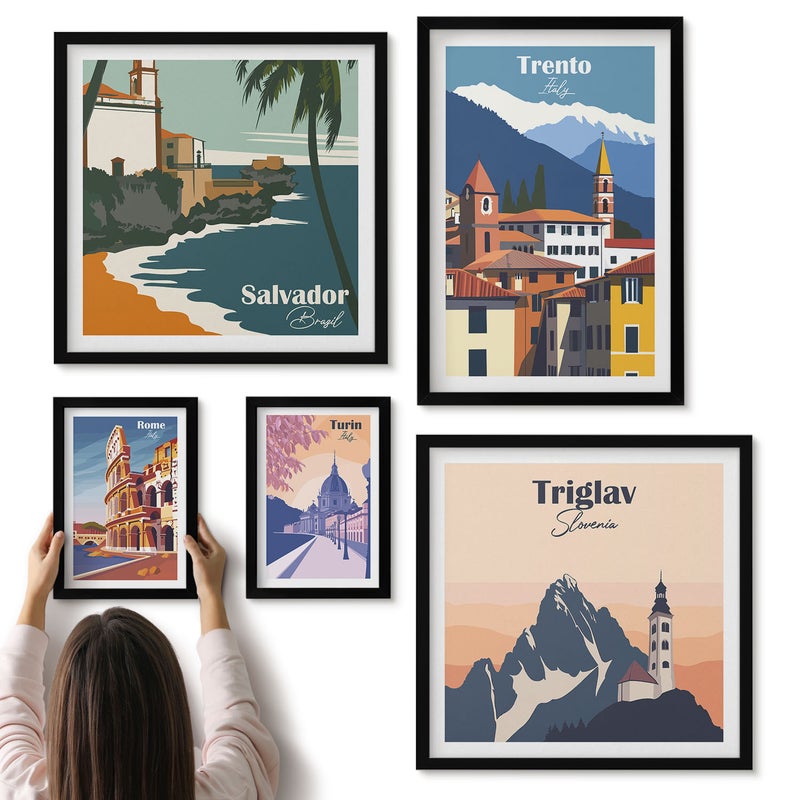 Galeria ścienna 5-częściowy komplet obrazów w czarnych ramach - Europejskie miasta i krajobrazy w stylu retro - ArtPrintCave