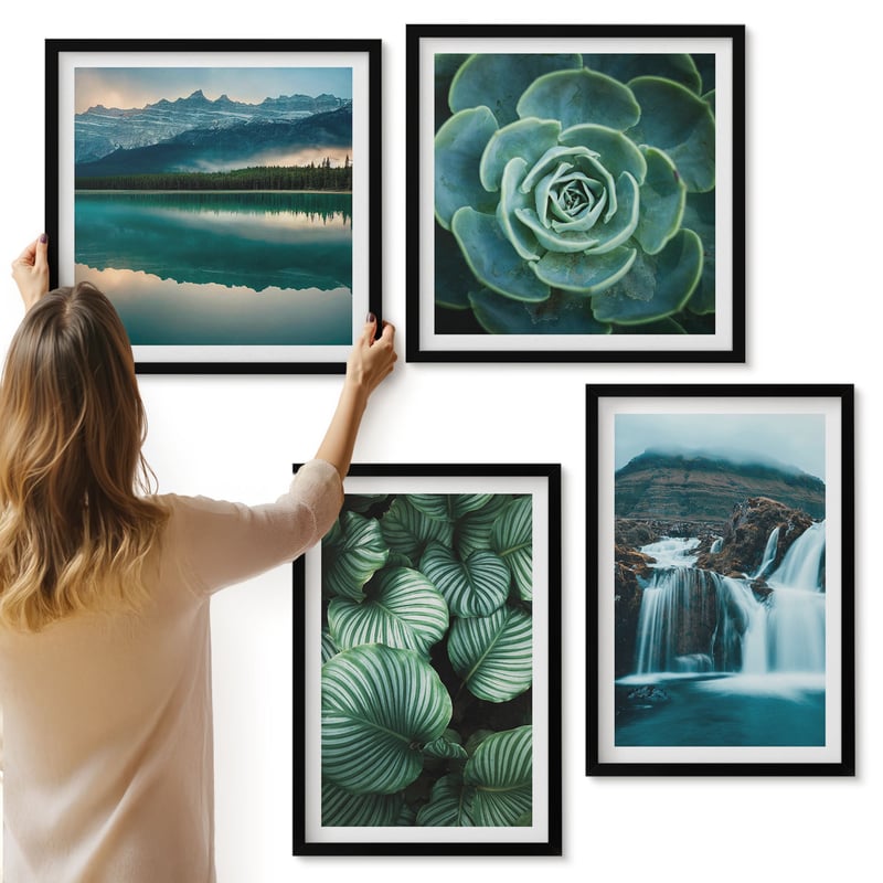 Galeria ścienna 4-częściowy komplet obrazów w czarnych ramach - Zbliżenia na rośliny liście sukulenty - ArtPrintCave