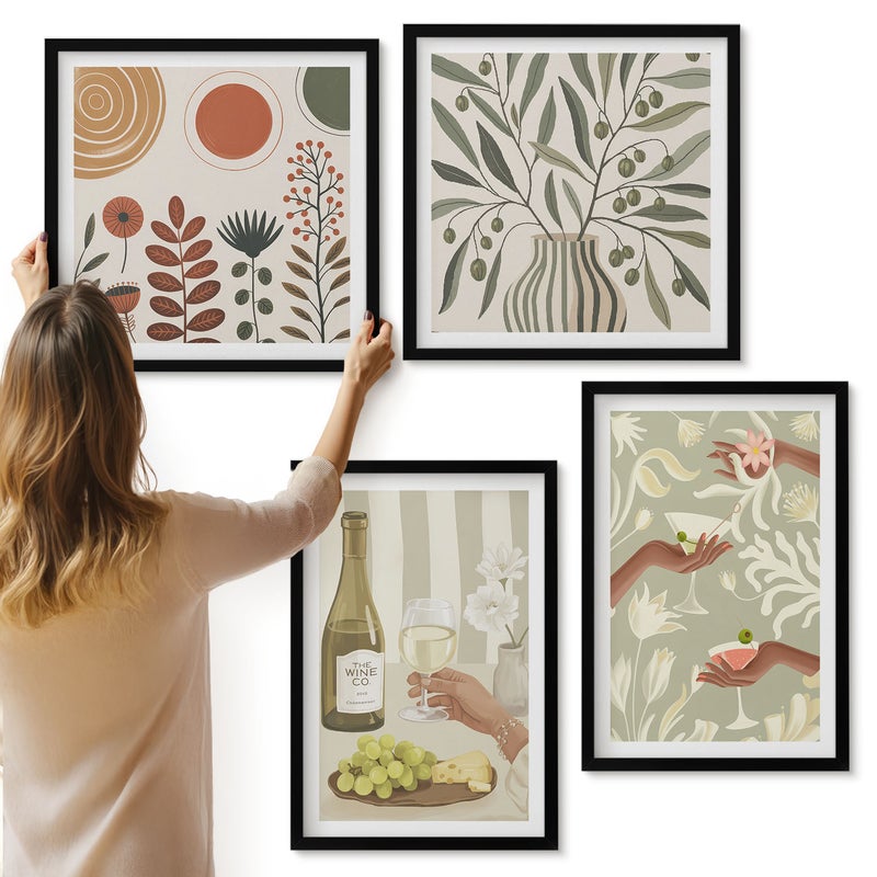 Galeria ścienna 4-częściowy komplet obrazów w czarnych ramach - Kwiaty oliwne i koktajle w stylu rustykalnym - ArtPrintCave