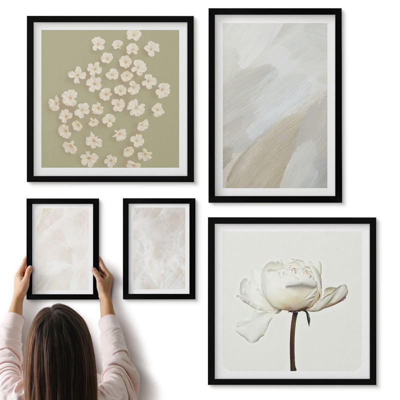 Galeria ścienna 5-częściowy komplet obrazów w czarnych ramach - Kwiaty i modne tekstury delikatny styl boho - ArtPrintCave