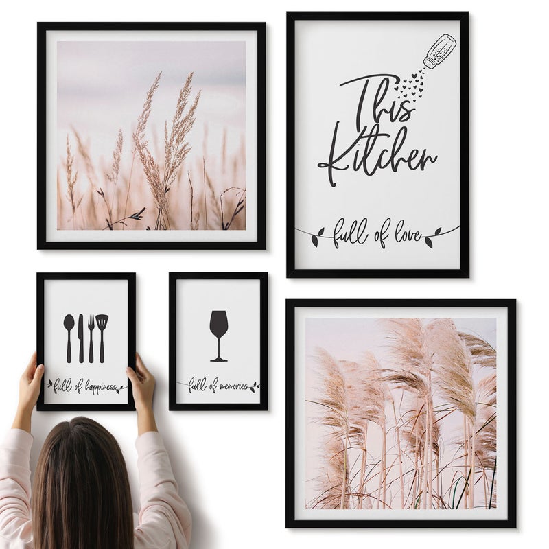 Galeria ścienna 5-częściowy komplet obrazów w czarnych ramach - Kuchenne inspiracje stylu boho z miłością do gotowania - ArtPrintCave