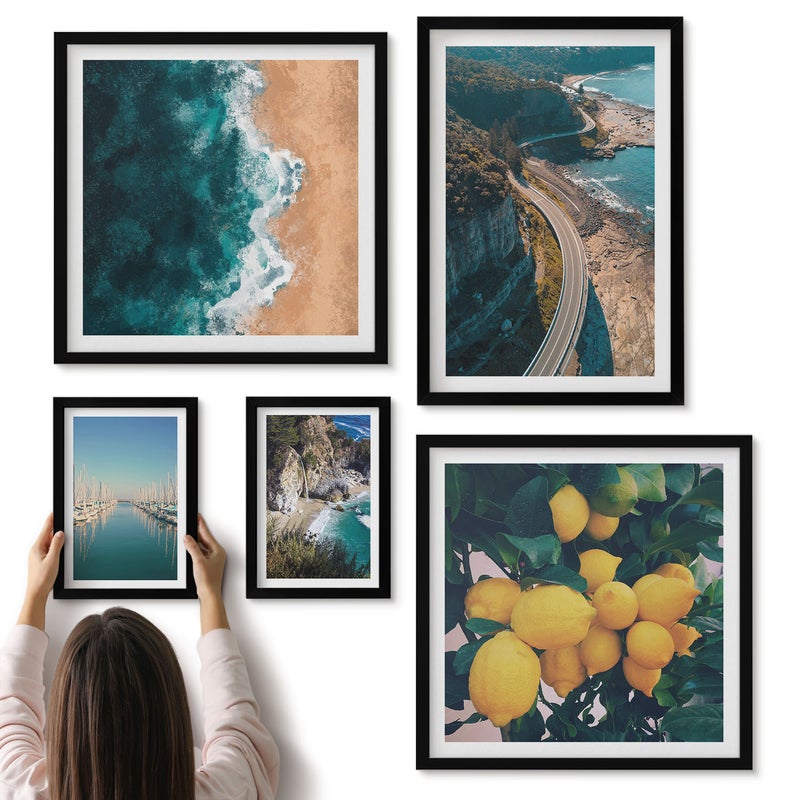 Galeria ścienna 5-częściowy komplet obrazów w czarnych ramach - Krajobrazy nadmorskie z plażami i owocami cytrusowymi - ArtPrintCave
