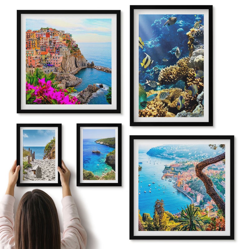 Galeria ścienna 5-częściowy komplet obrazów w czarnych ramach - Krajobrazy nadmorskie z kolorowymi rybami i plażami - ArtPrintCave