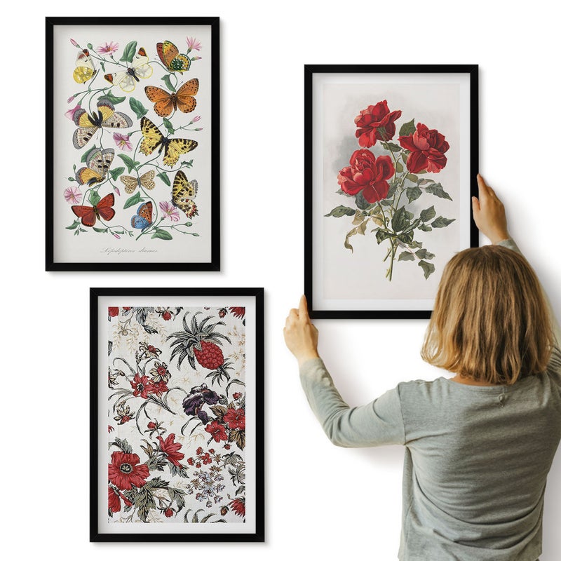 Galeria ścienna 3-częściowy komplet obrazów w czarnych ramach - Motyle kwiaty i czerwone róże w klasycznym stylu - ArtPrintCave
