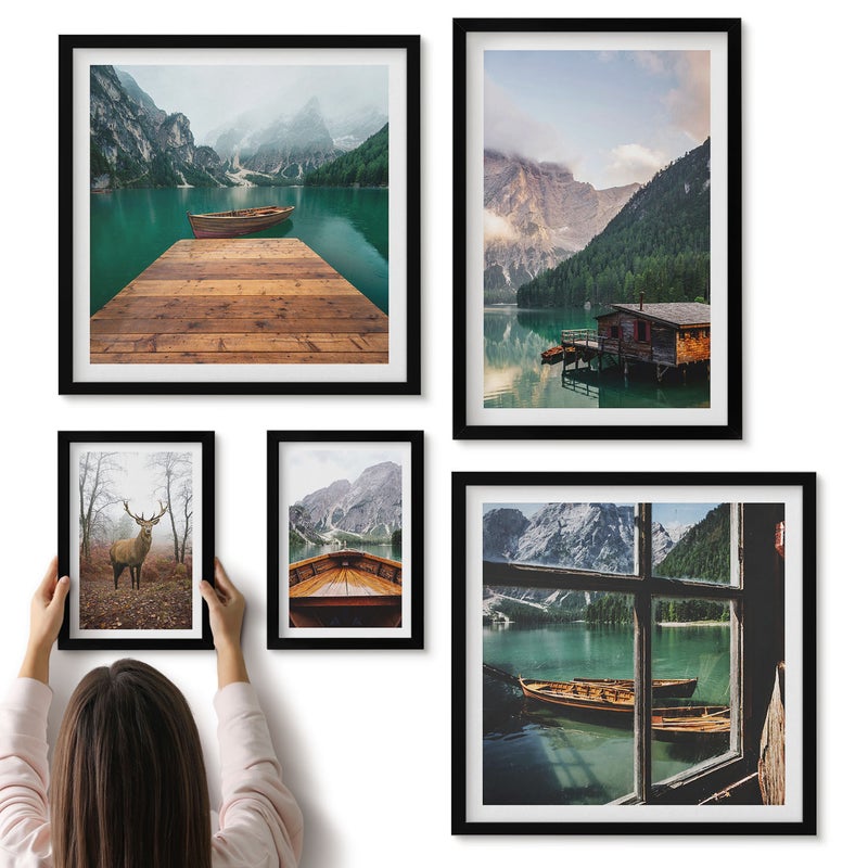 Galeria ścienna 5-częściowy komplet obrazów w czarnych ramach - Krajobrazy górskie z jeziorami i dziką przyrodą - ArtPrintCave