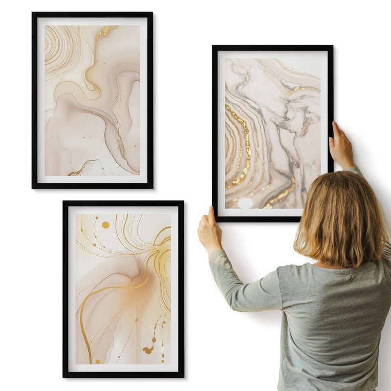 Galeria ścienna 3-częściowy komplet obrazów w czarnych ramach - Subtelne abstrakcyjne wzory rozlanych farb - ArtPrintCave