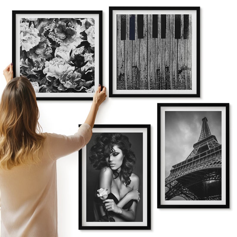 Galeria ścienna 4-częściowy komplet obrazów w czarnych ramach - Portret kobiety z różą wieża Eiffla abstrakcje - ArtPrintCave
