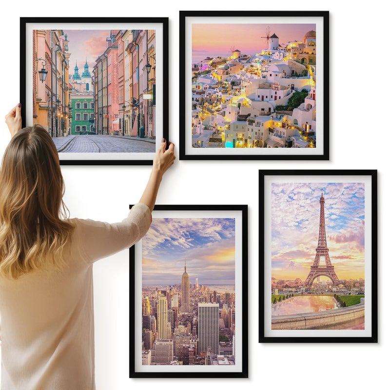 Galeria ścienna 4-częściowy komplet obrazów w czarnych ramach - Nowy Jork Paryż Oia Warszawa o zmierzchu słońca - ArtPrintCave