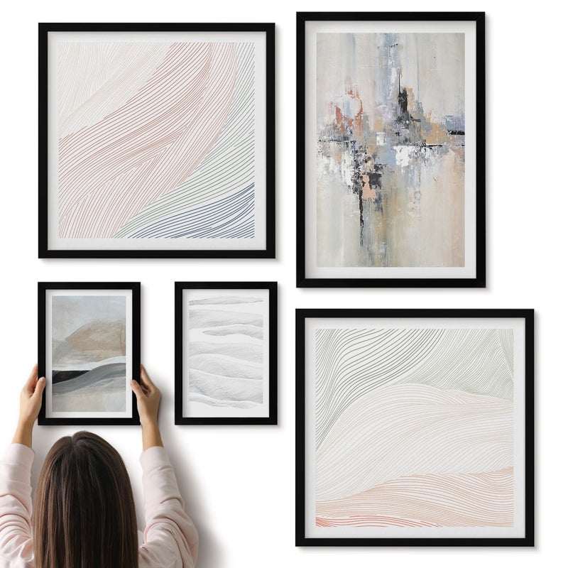 Galeria ścienna 5-częściowy komplet obrazów w czarnych ramach - Abstrakcyjne kompozycje w delikatnych odcieniach i formach - ArtPrintCave