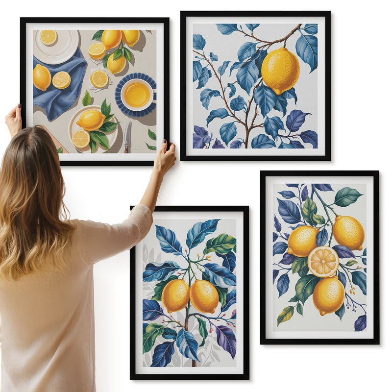 Galeria ścienna 4-częściowy komplet obrazów w czarnych ramach - Cytryny na gałęziach z błękitnymi liśćmi - ArtPrintCave