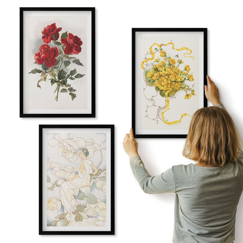Galeria ścienna 3-częściowy komplet obrazów w czarnych ramach - Róże w czerwieni postać w bieli żółte kwiaty w wazonie - ArtPrintCave