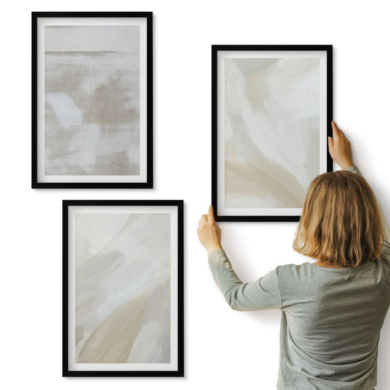 Galeria ścienna 3-częściowy komplet obrazów w czarnych ramach - Pociągnięcia pędzlem abstrakcja farb na płótnie - ArtPrintCave