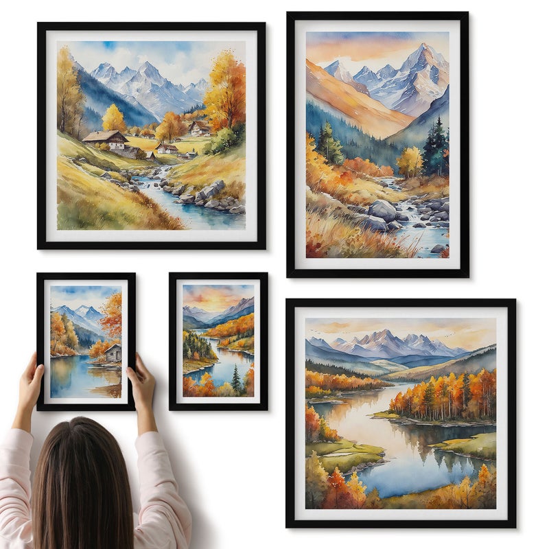 Galeria ścienna 5-częściowy komplet obrazów w czarnych ramach - Górskie krajobrazy w jesiennych barwach natury - ArtPrintCave