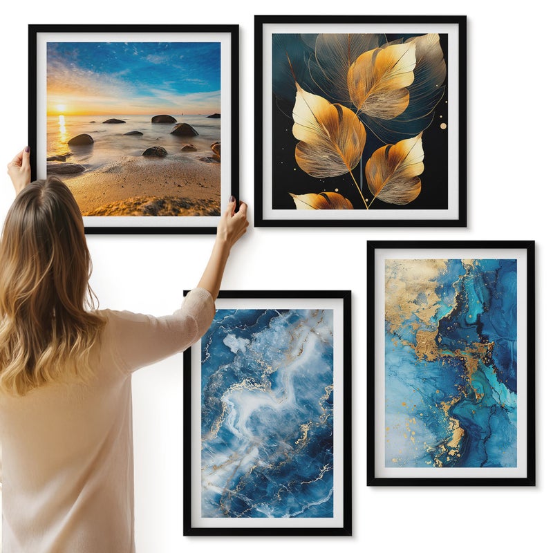 Galeria ścienna 4-częściowy komplet obrazów w czarnych ramach - Niebieskie abstrakcyjne wzory - ArtPrintCave