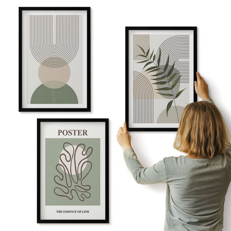Galeria ścienna 3-częściowy komplet obrazów w czarnych ramach - Geometryczne abstrakcje botaniczne wzory poster - ArtPrintCave