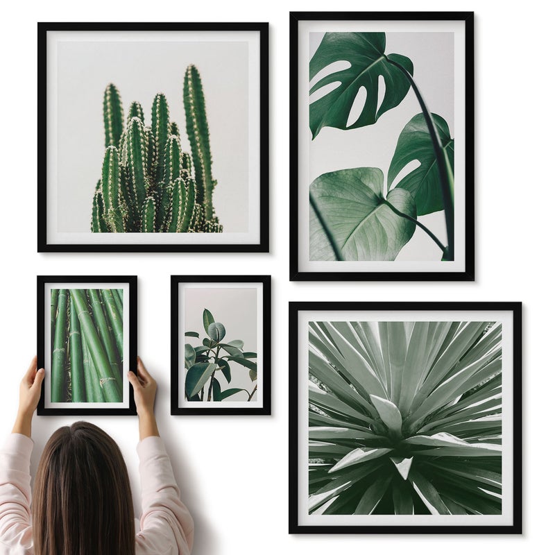 Galeria ścienna 5-częściowy komplet obrazów w czarnych ramach - Zielone rośliny tropikalne w nowoczesnym stylu wnętrz - ArtPrintCave